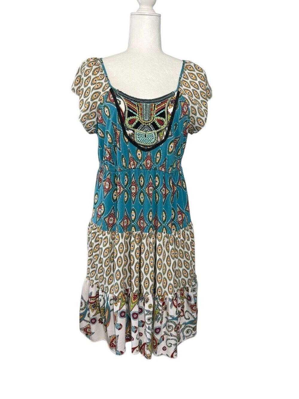 Unity boho tiered multi patterned mini dress with embroidered neckline - M